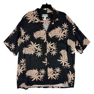Two Palms Hawaiian Shirt Mens 2XL Black Pineapple Island Map Rayon Aloha